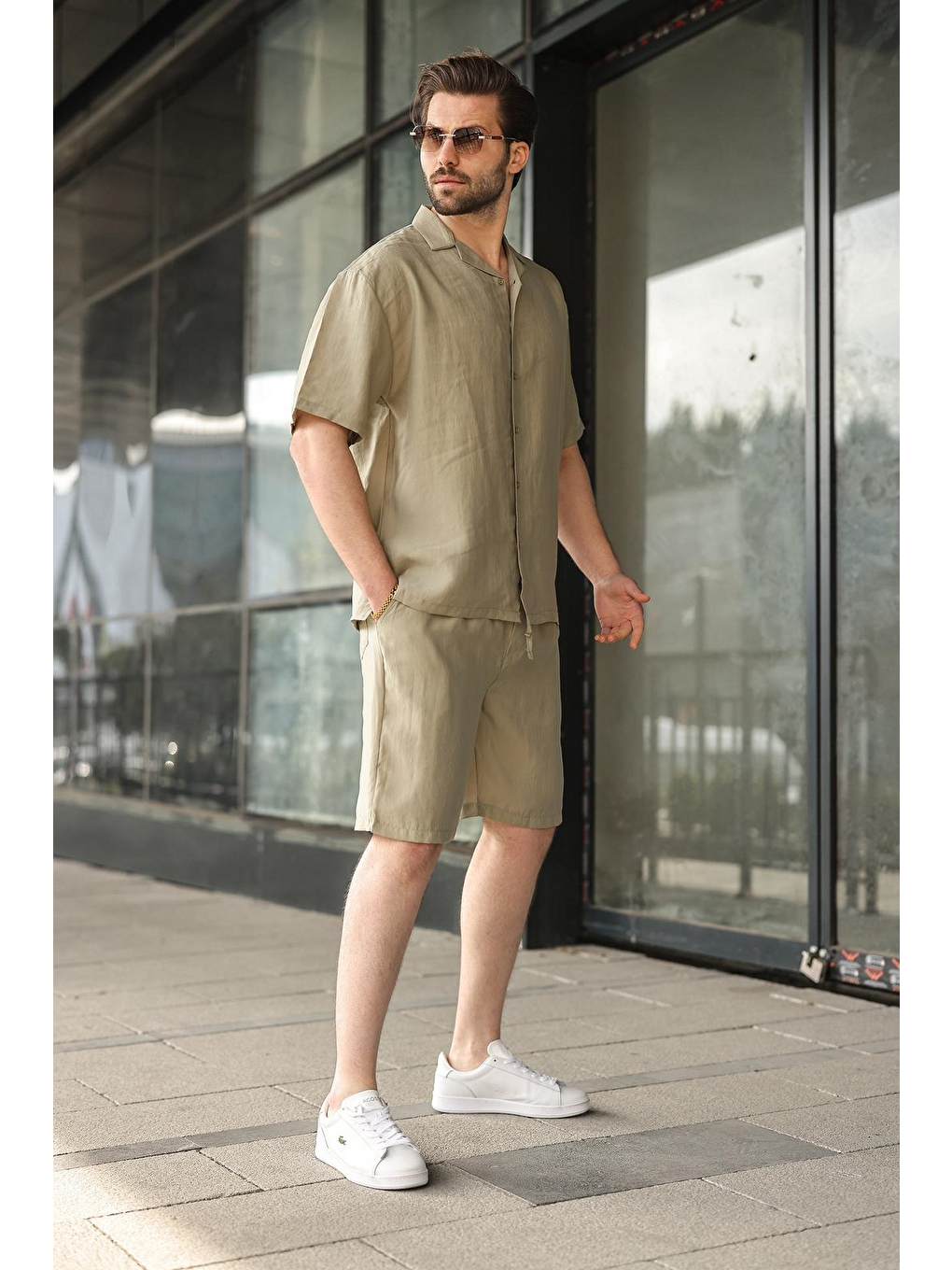 Mint Yeşili Kumaş Erkek Şort Gömlek Takım E7352-5