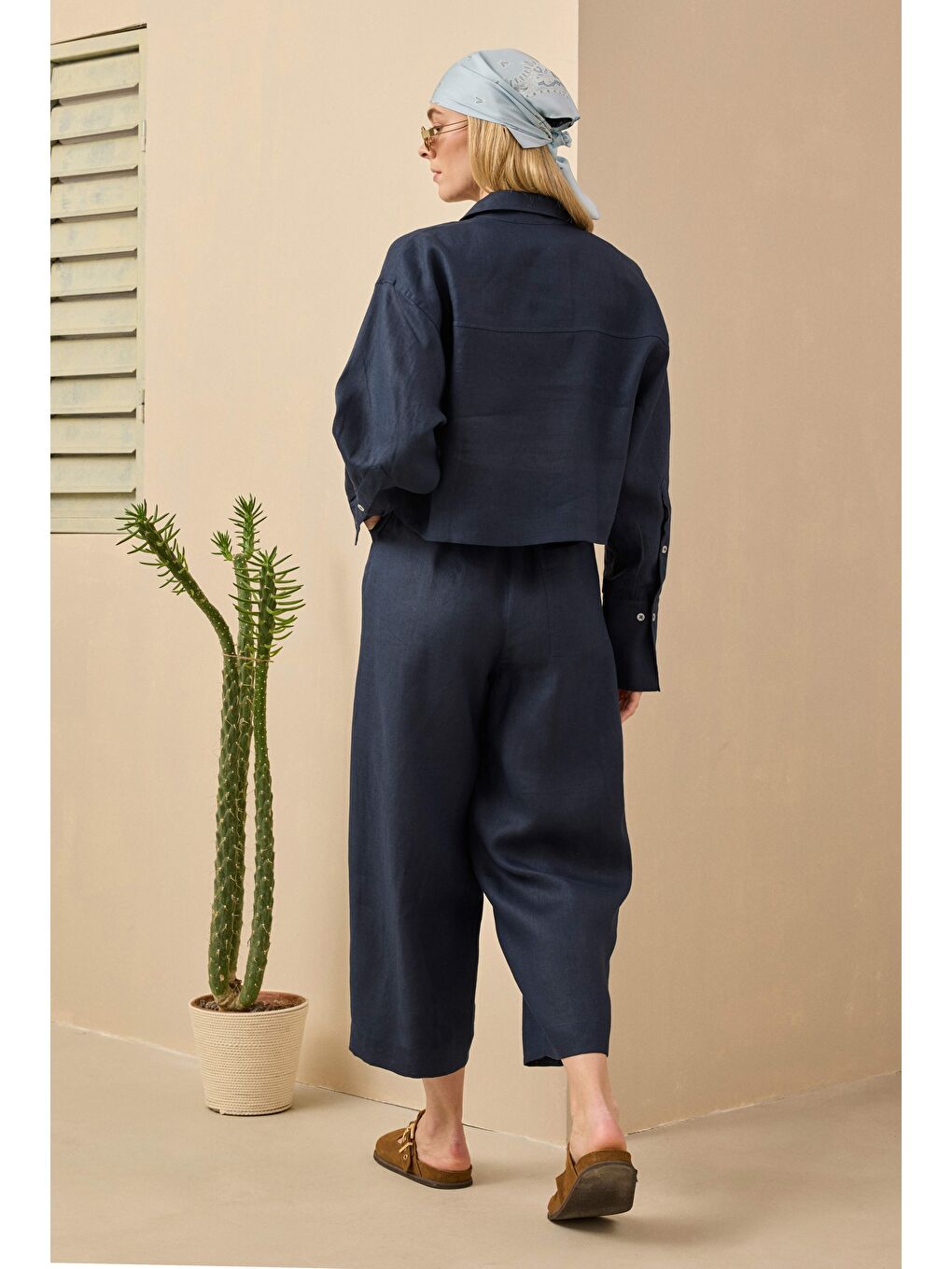 Keten Crop Gömlek Gece Mavi-4