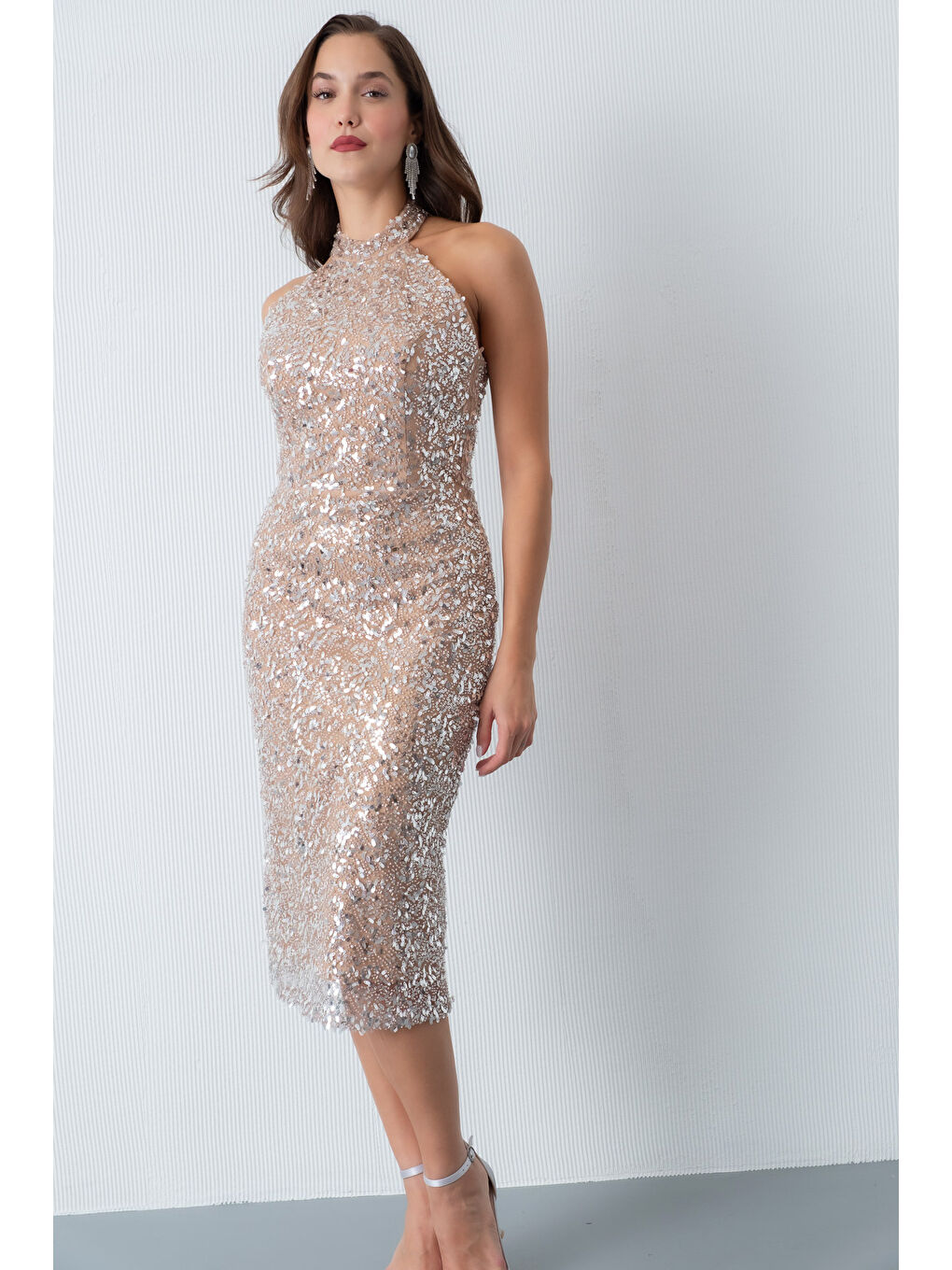 Kadın Bej Yaka Taş Detay Midi Abiye Elbise-1