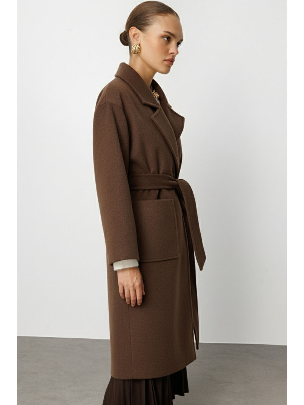 Yünlü Kaşe Doku Torba Cepli Basic Kahverengi Kaban-1