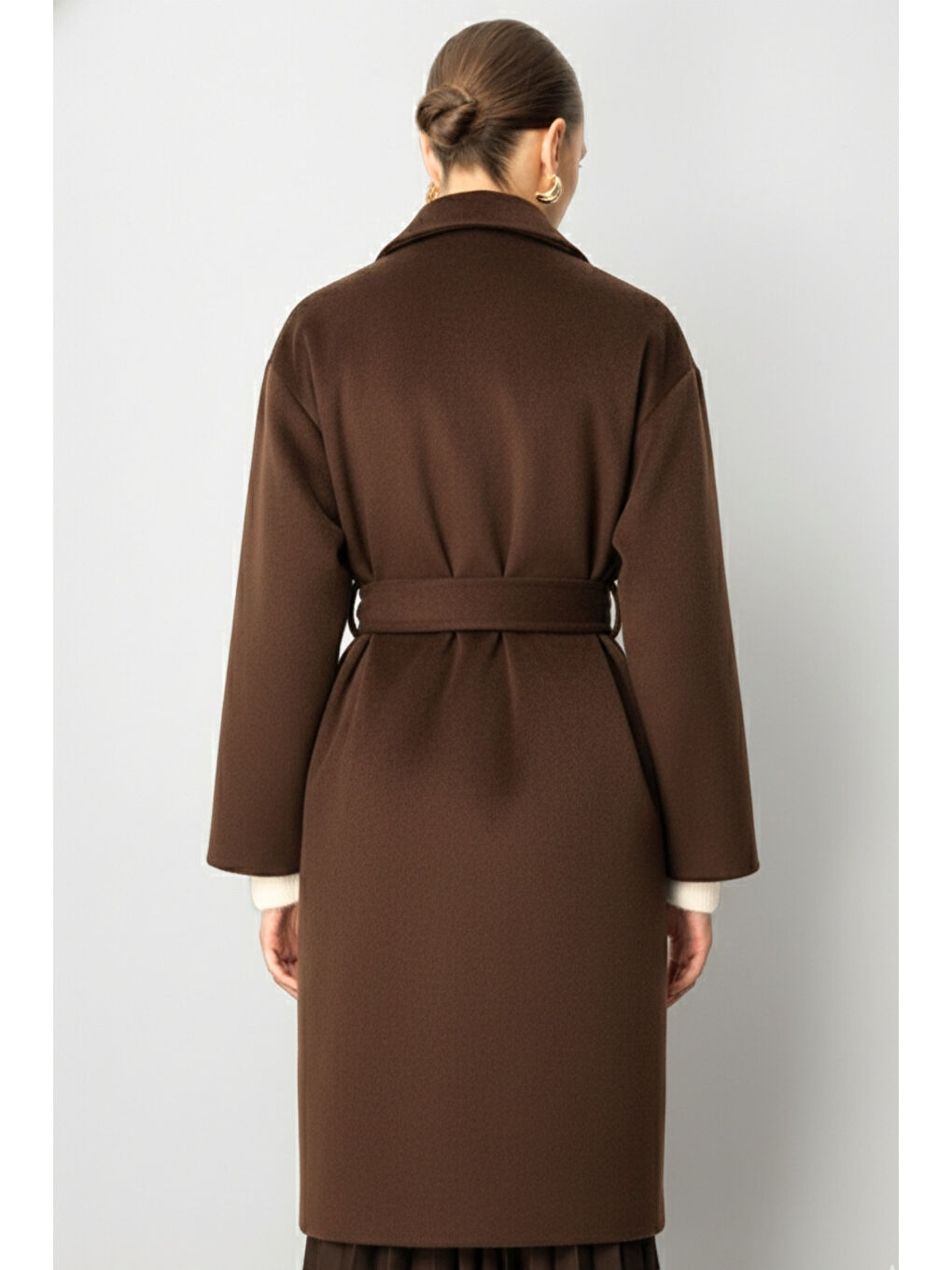 Yünlü Kaşe Doku Torba Cepli Basic Kahverengi Kaban-2