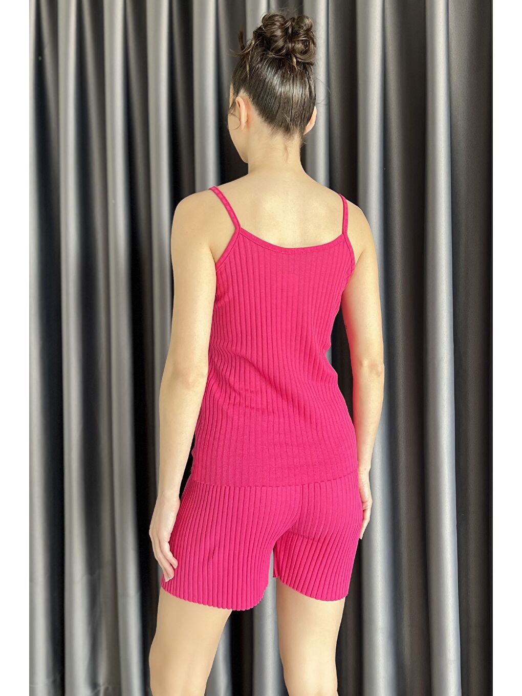 Fuşya Kadın Kendinden Çizgi Desenli Şortlu İkili Takım-2