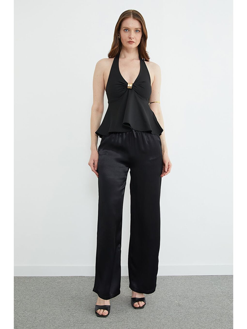 Siyah Beli Lastikli Cepli Palazzo Saten Pantolon