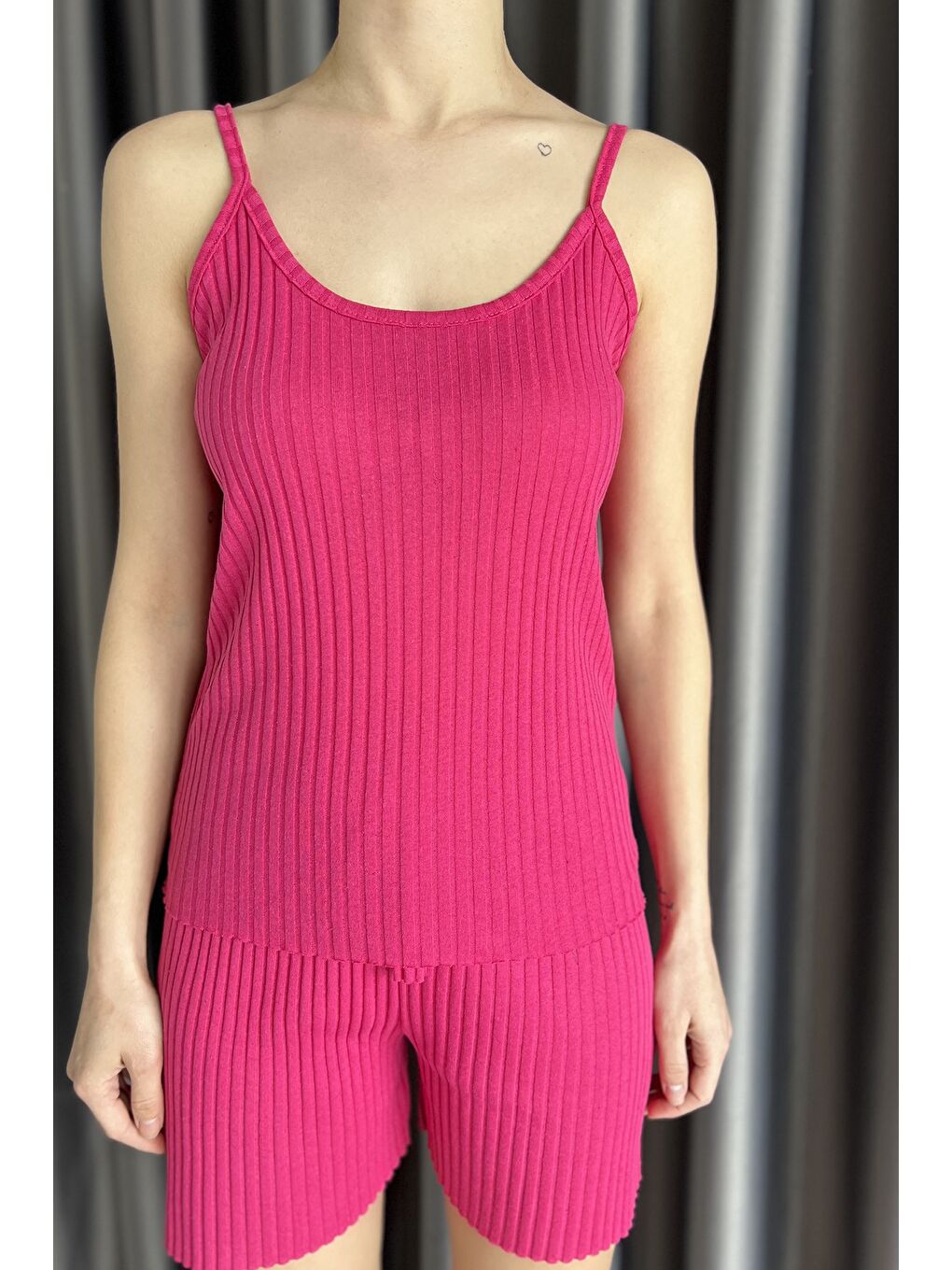 Fuşya Kadın Kendinden Çizgi Desenli Şortlu İkili Takım-3