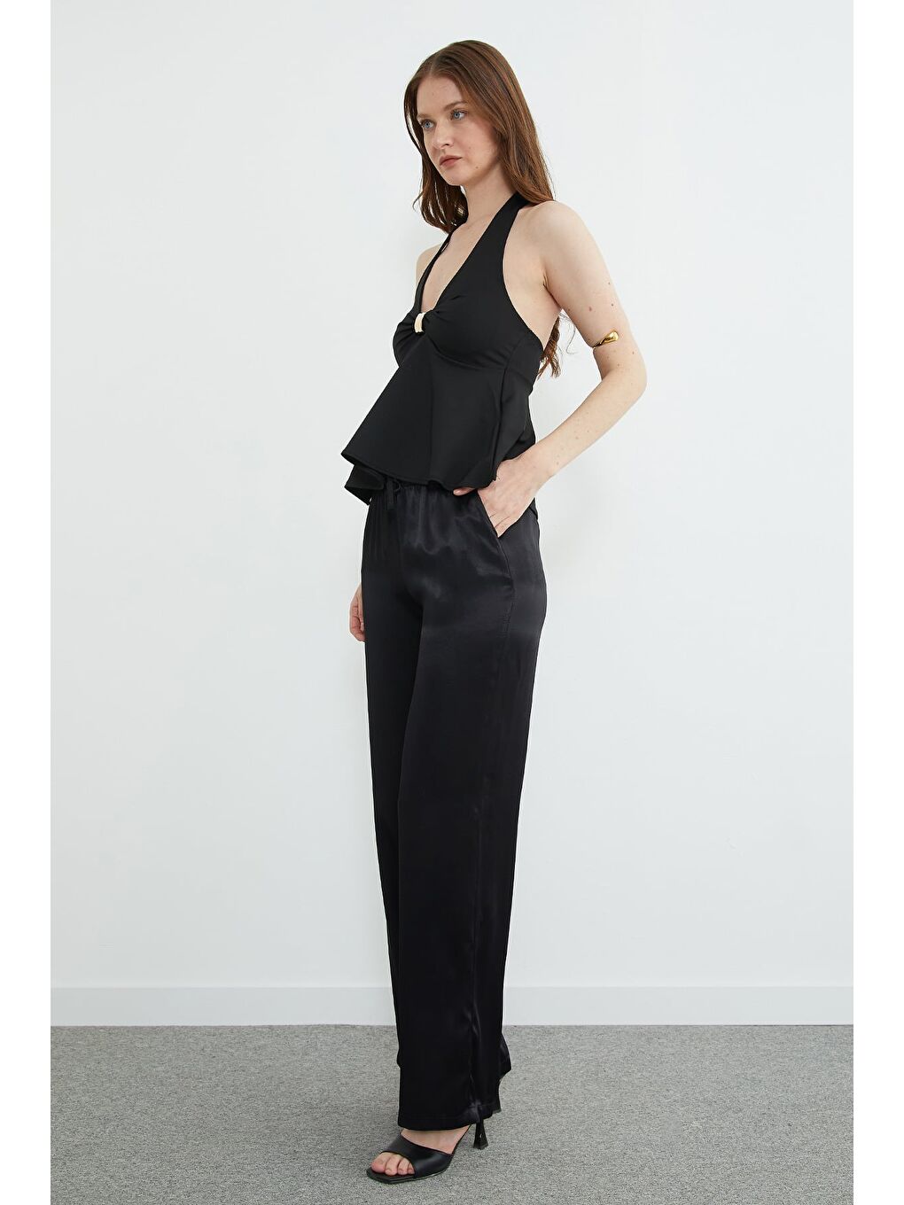 Siyah Beli Lastikli Cepli Palazzo Saten Pantolon-1