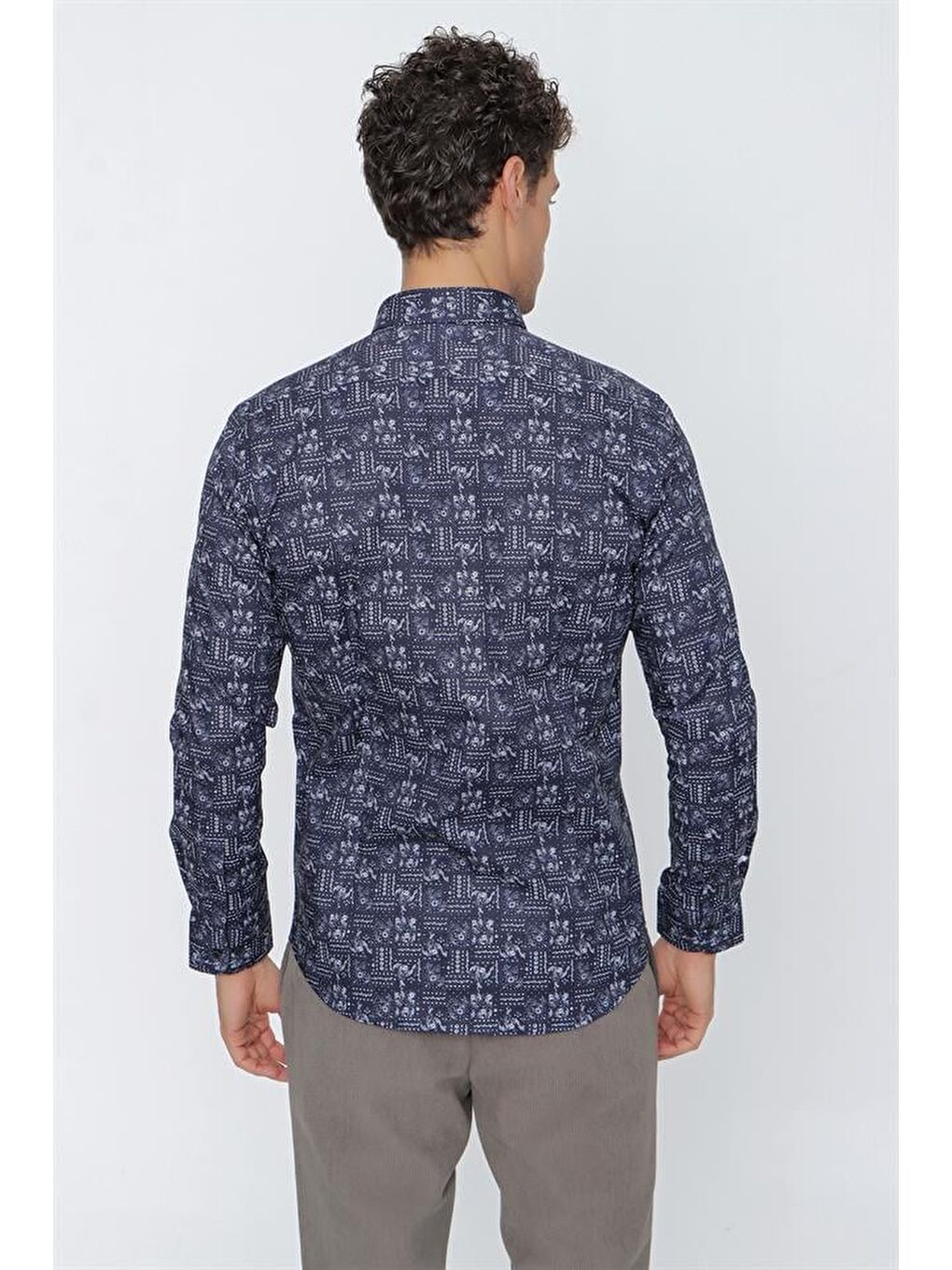 Koyu Lacivert Uzun Kol Baskılı  Pamuklu Elastanlı Slim Fit Dar Kesim Klasik Gömlek 1004225159-4
