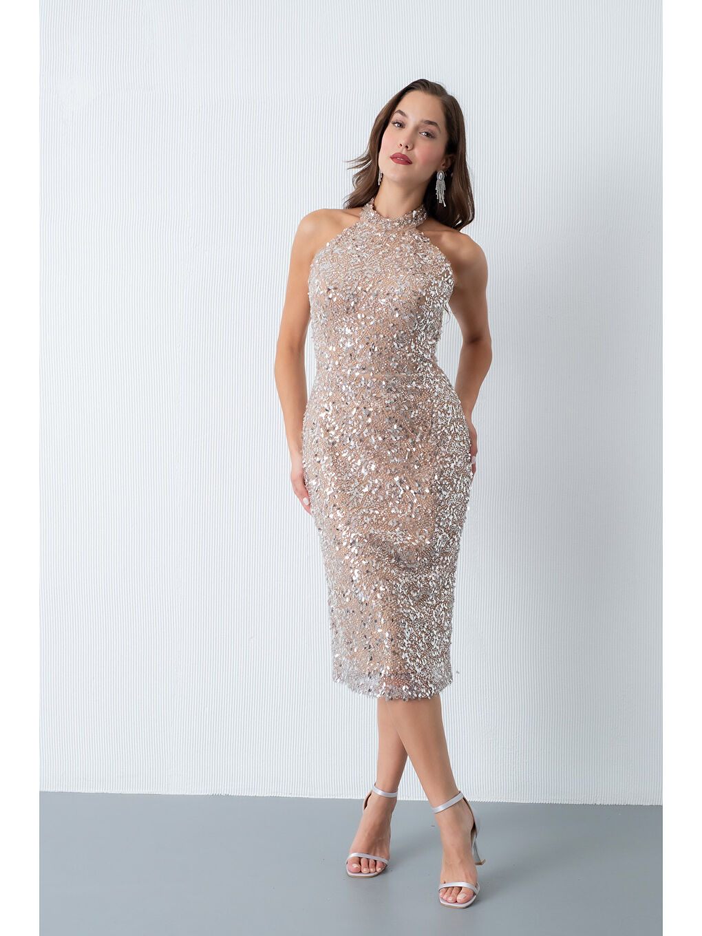 Kadın Bej Yaka Taş Detay Midi Abiye Elbise-2