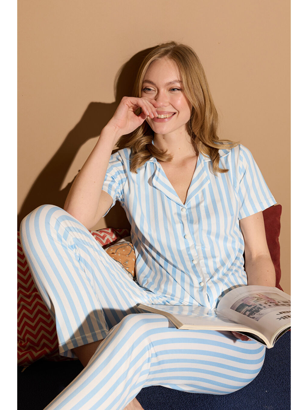 Mavi Çizgili Gömlek Yaka Düğmeli Pijama Takımı-2