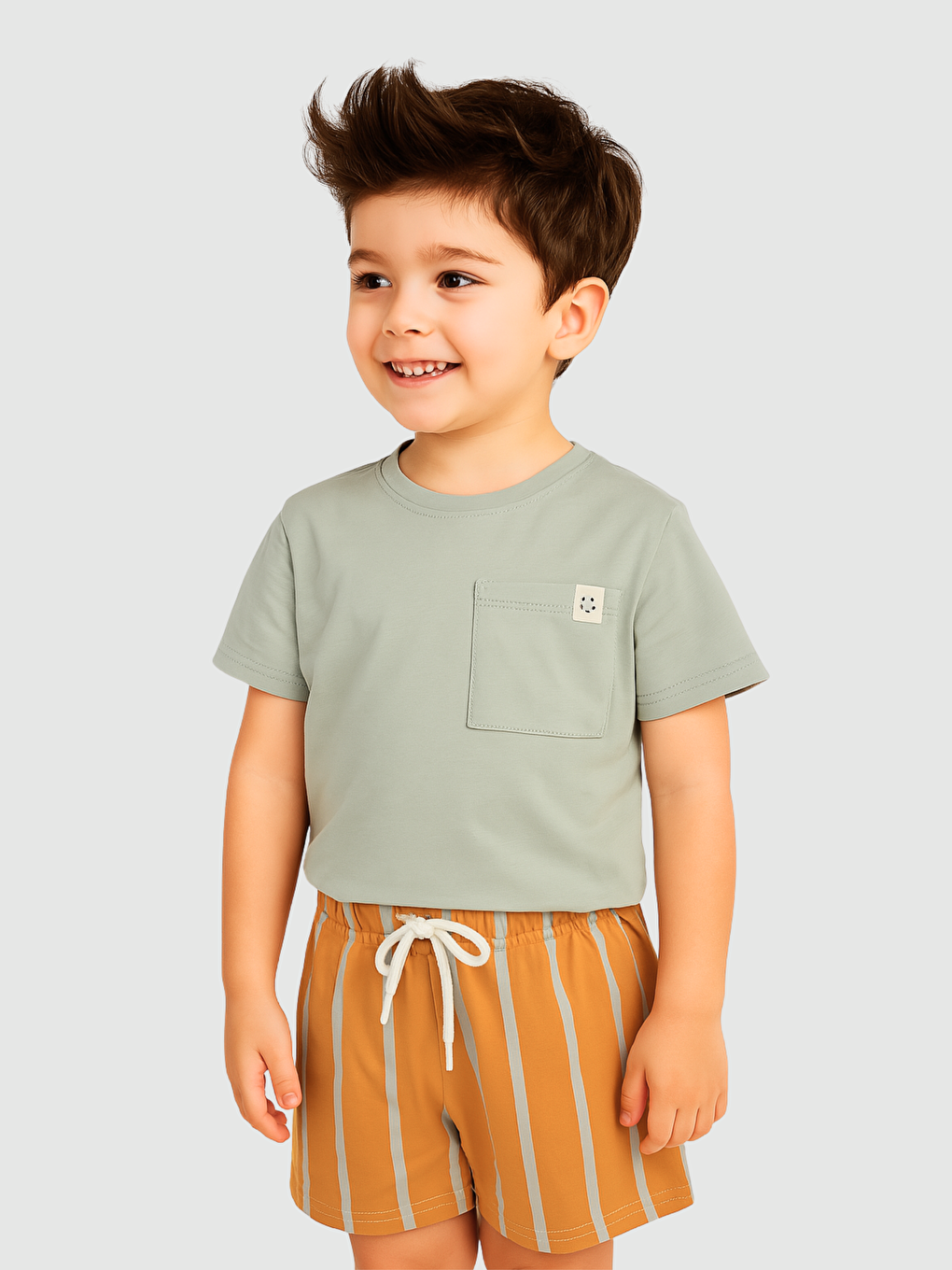 Gri Bisiklet Yaka Erkek Çocuk Tişört ve Şort 2'li Takım