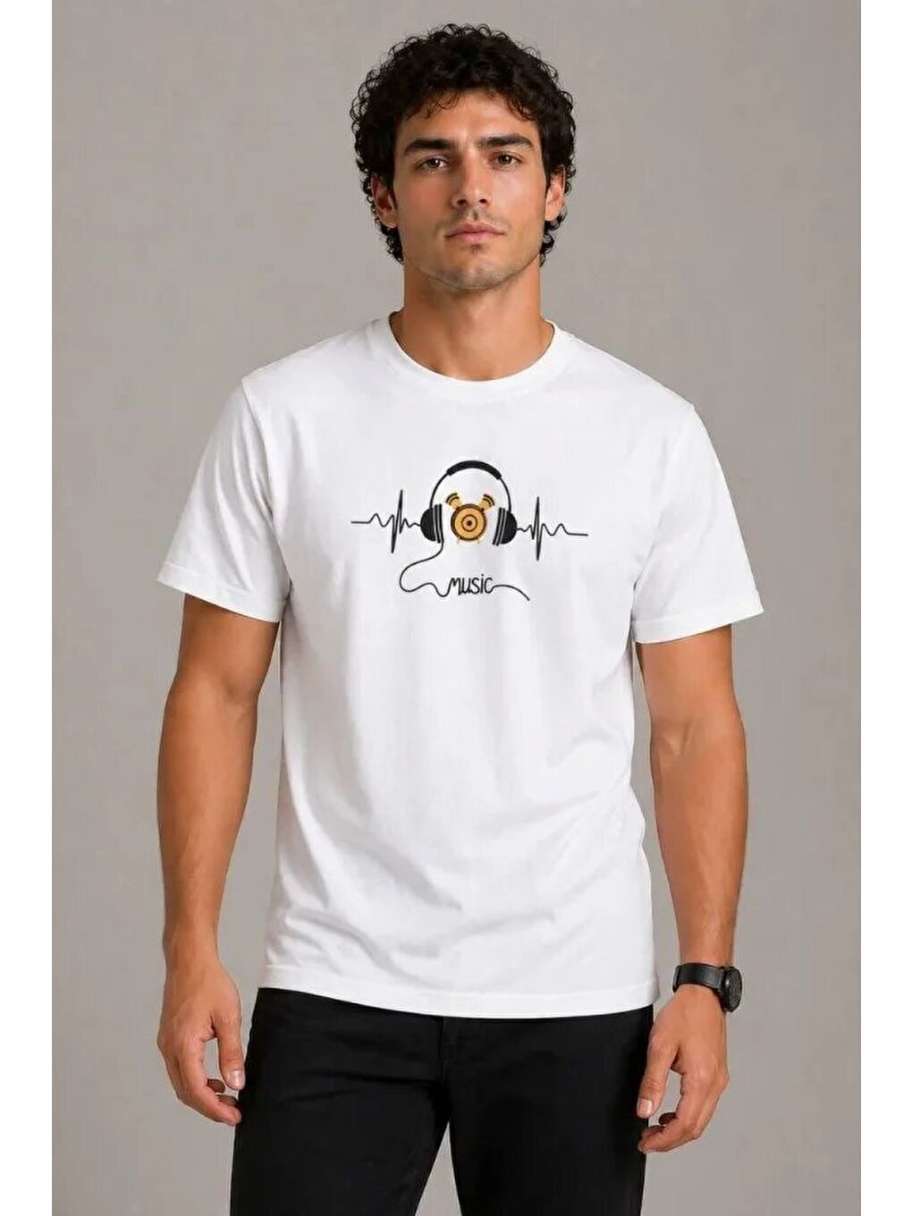 Beyaz Erkek Müzik Temalı Baskılı Tişört-1
