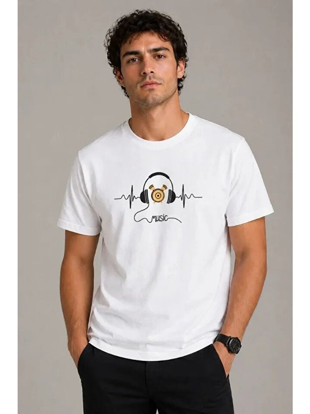 Beyaz Erkek Müzik Temalı Baskılı Tişört-2