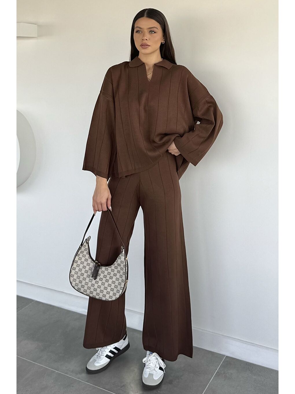 Kahverengi Polo Yaka Bluz Pantolon Triko İkili Takım