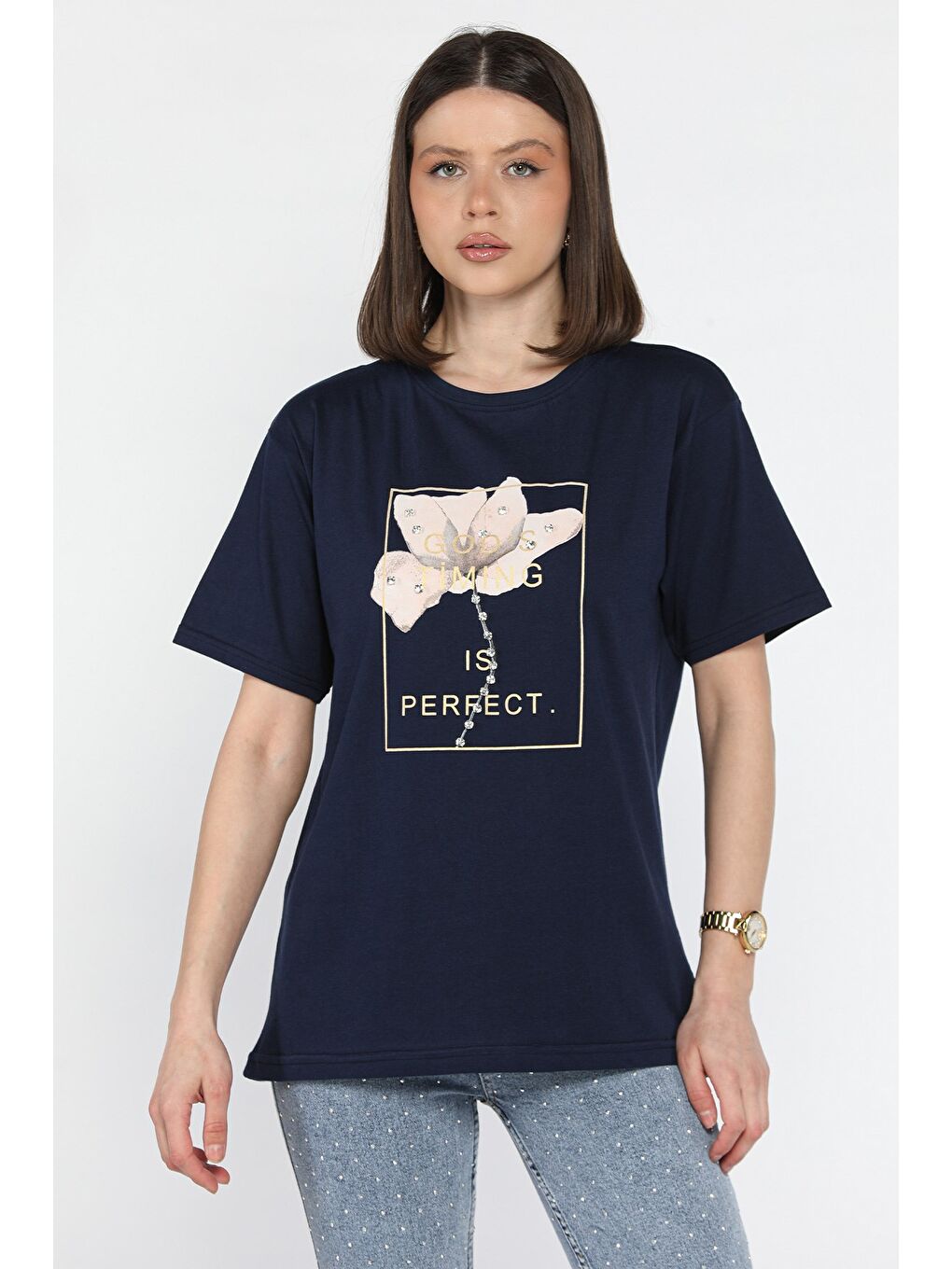 Lacivert Bisiklet Yaka Taş Detaylı Baskılı Kadın Tişört