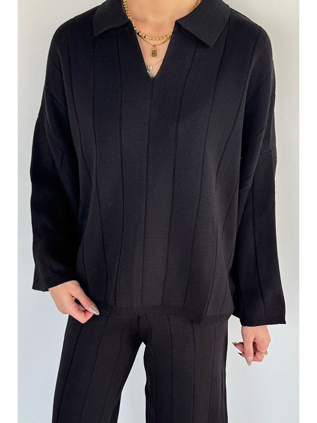 Siyah Polo Yaka Bluz Pantolon Triko İkili Takım