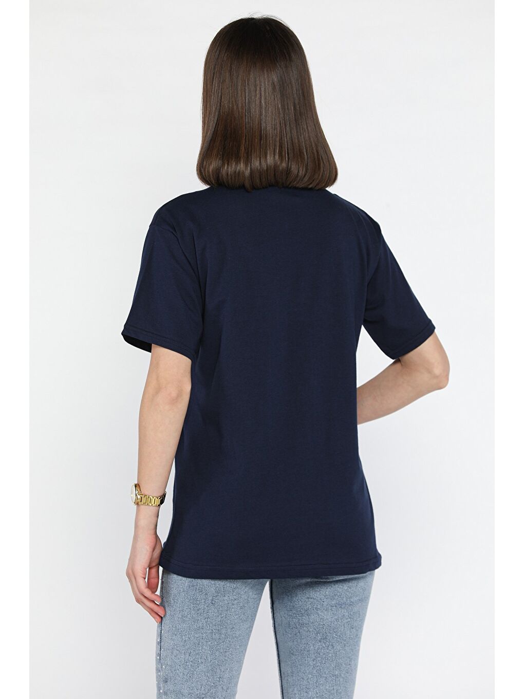 Lacivert Bisiklet Yaka Taş Detaylı Baskılı Kadın Tişört-2