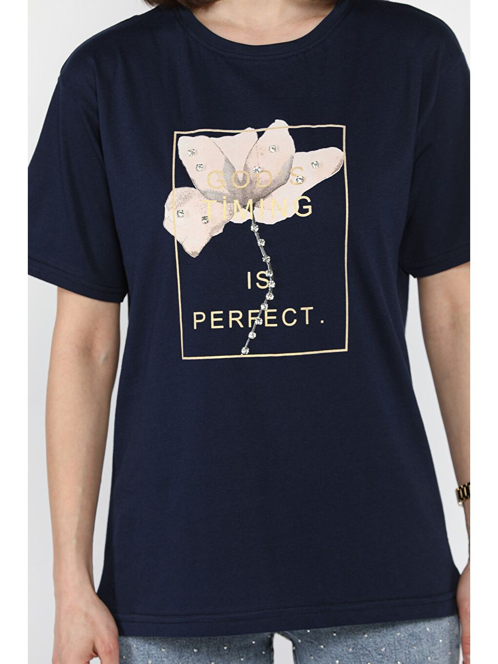 Lacivert Bisiklet Yaka Taş Detaylı Baskılı Kadın Tişört-3