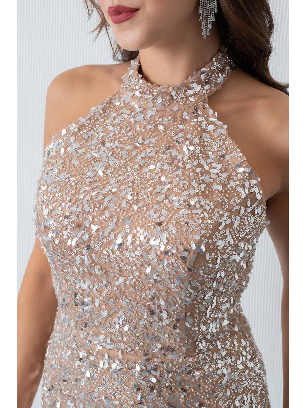 Kadın Bej Yaka Taş Detay Midi Abiye Elbise-3