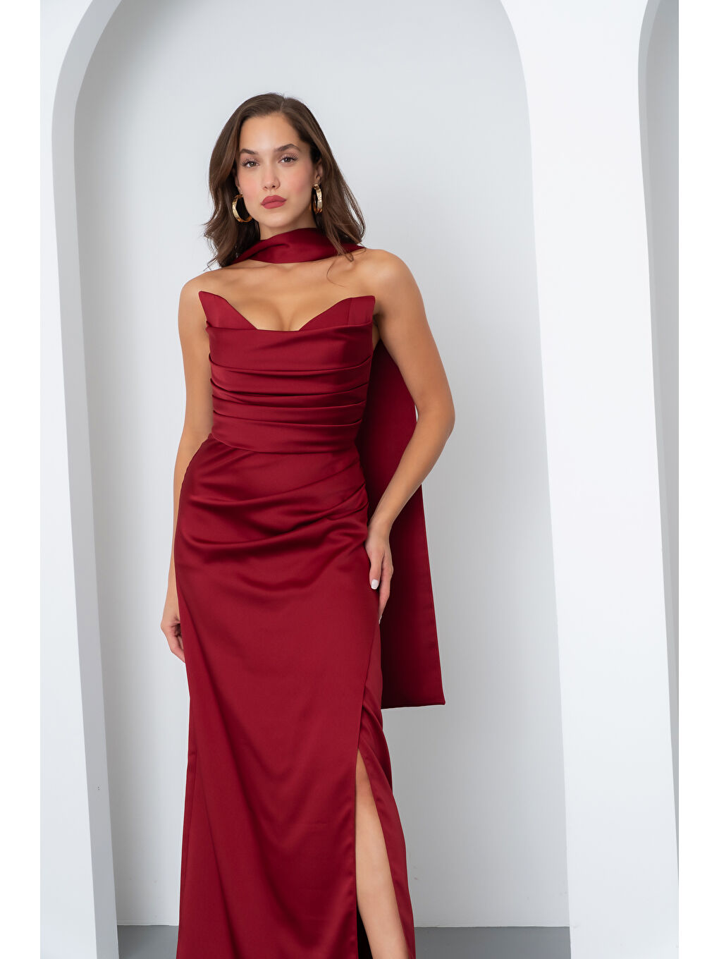 Kadın Bordo Şal Yaka Saten Uzun Abiye Elbise-2