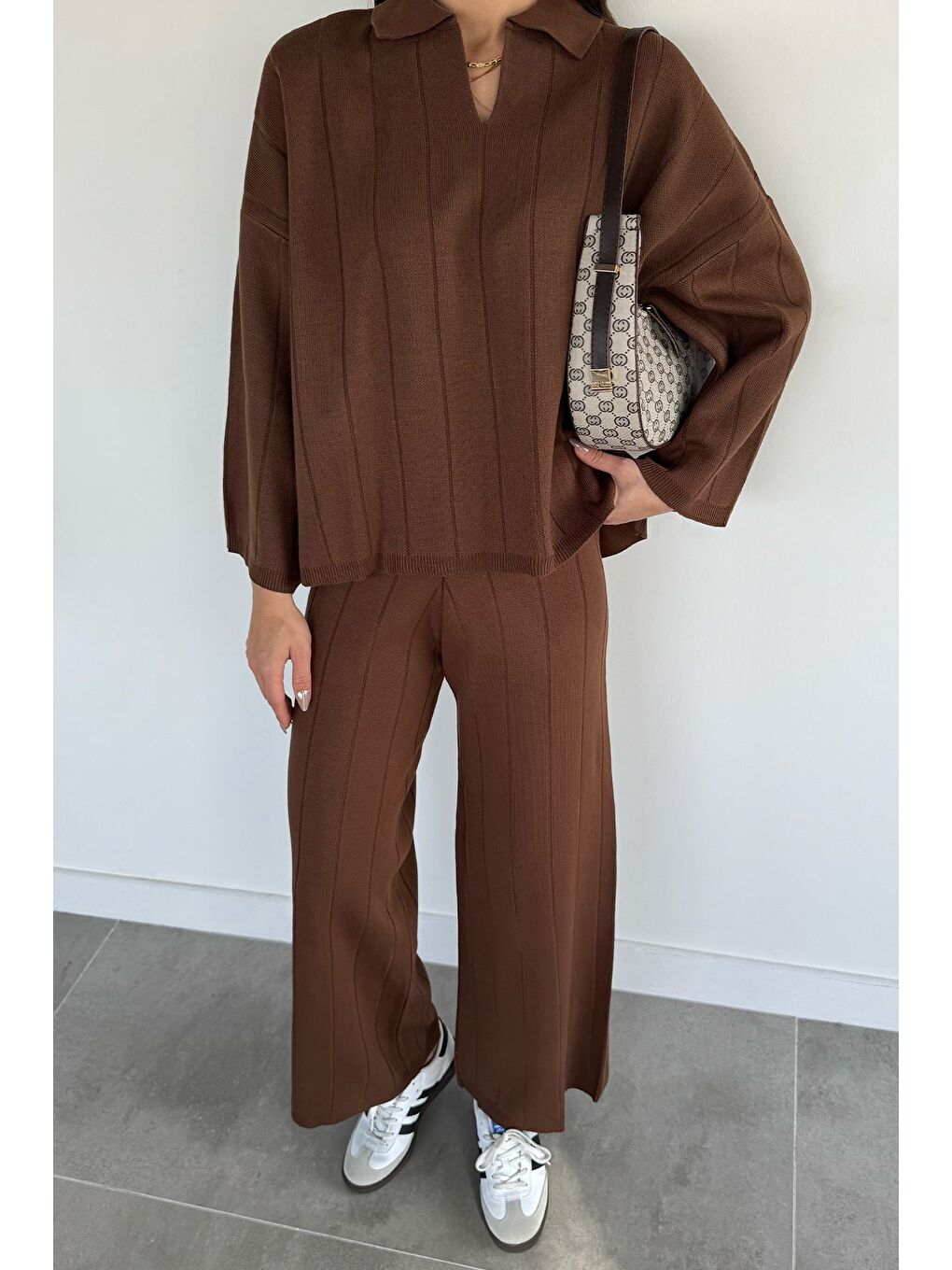 Kahverengi Polo Yaka Bluz Pantolon Triko İkili Takım-1