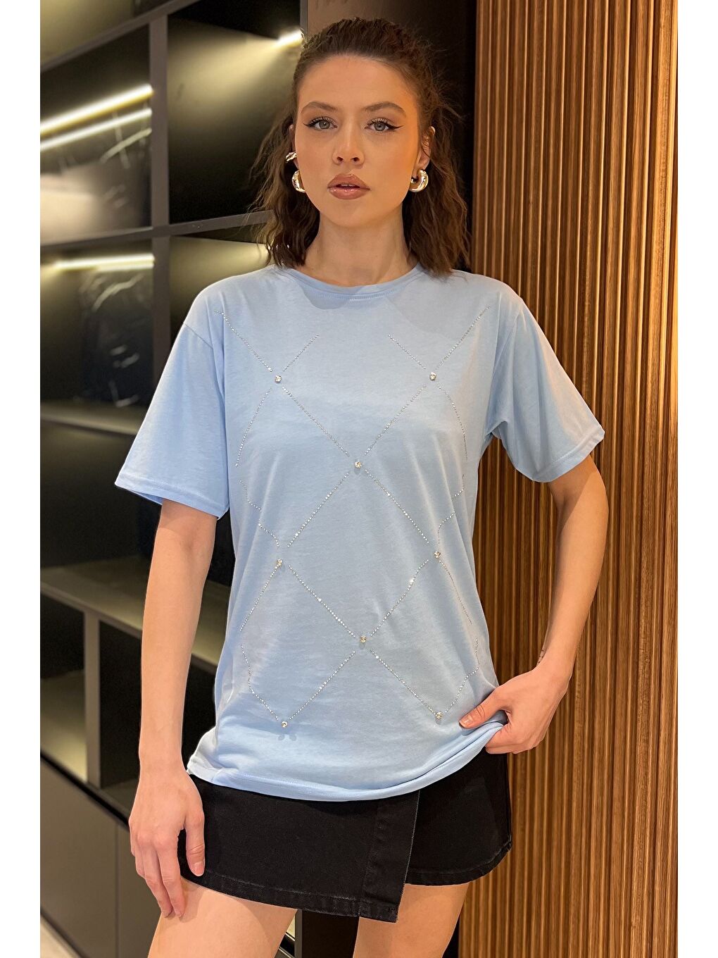 Mavi Taşlı Kadın Tişört-1