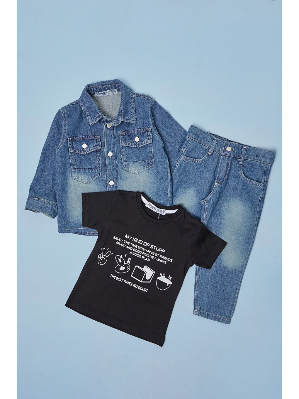 Mavi Düğmeli Polo Yaka Erkek Çocuk Jean 3 Lü Takım-1