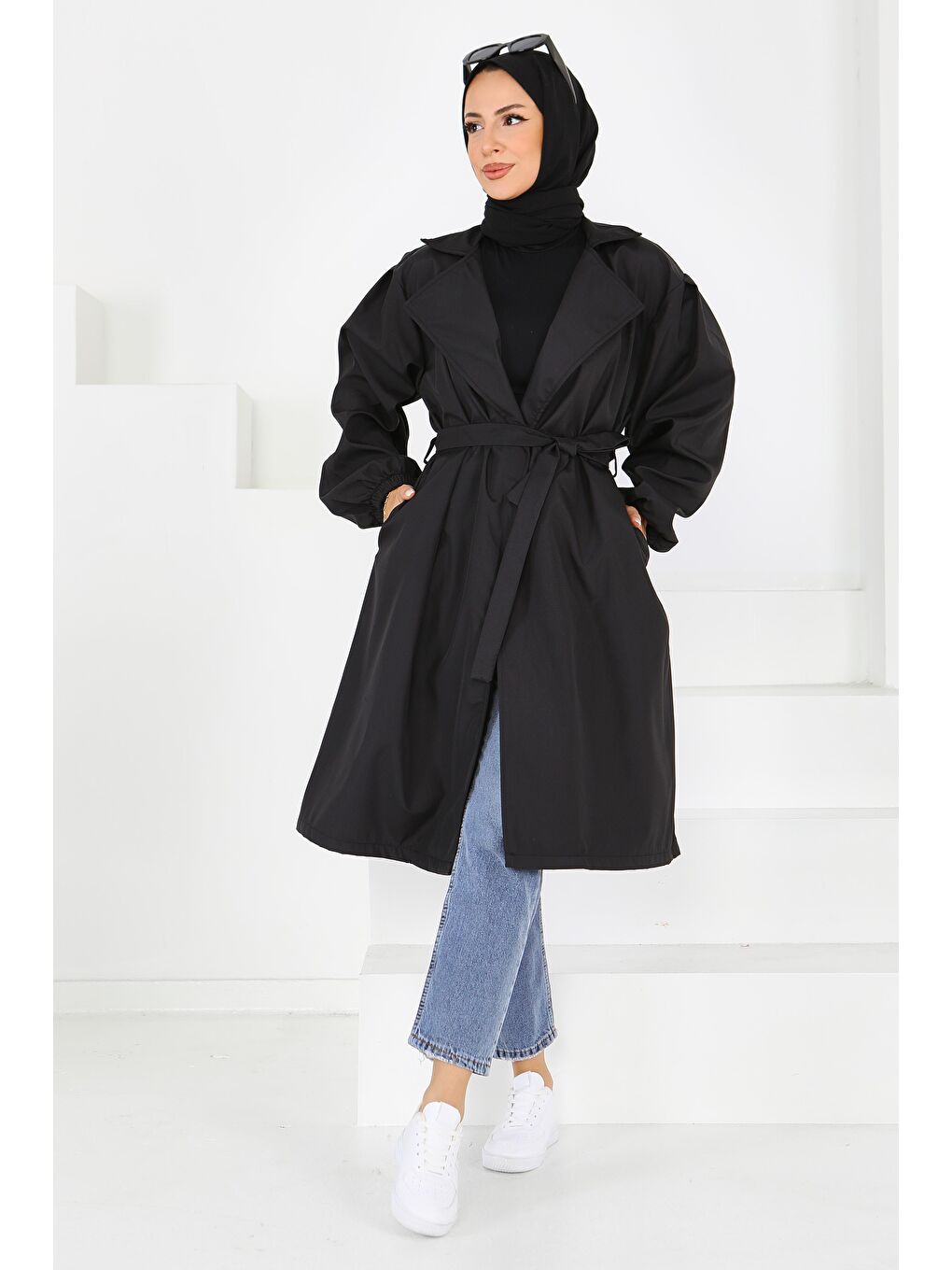 Kuşaklı Kolu Lastikli Miranda Trençkot Siyah - 27603-1