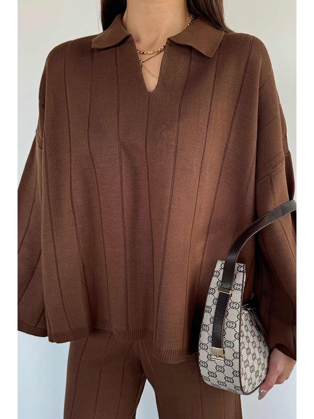 Kahverengi Polo Yaka Bluz Pantolon Triko İkili Takım-2