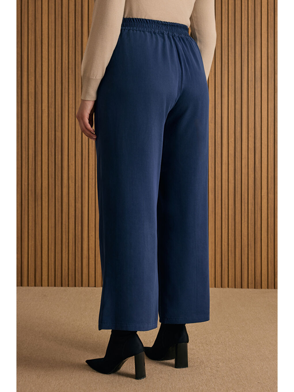 Lacivert Beli Lastik Detaylı Lyocell Pantolon Etek-4