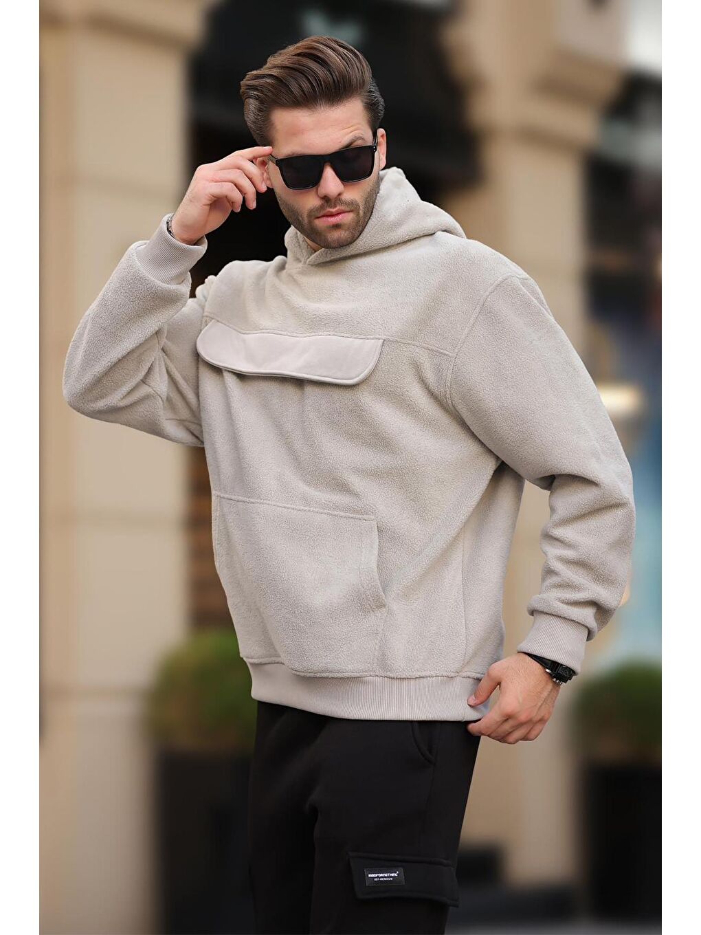 Madmext Gri Baskılı Boyalı Gri Kapüşonlu Kapaklı Cep Detaylı Polar Erkek Sweatshirt 7097 - 2