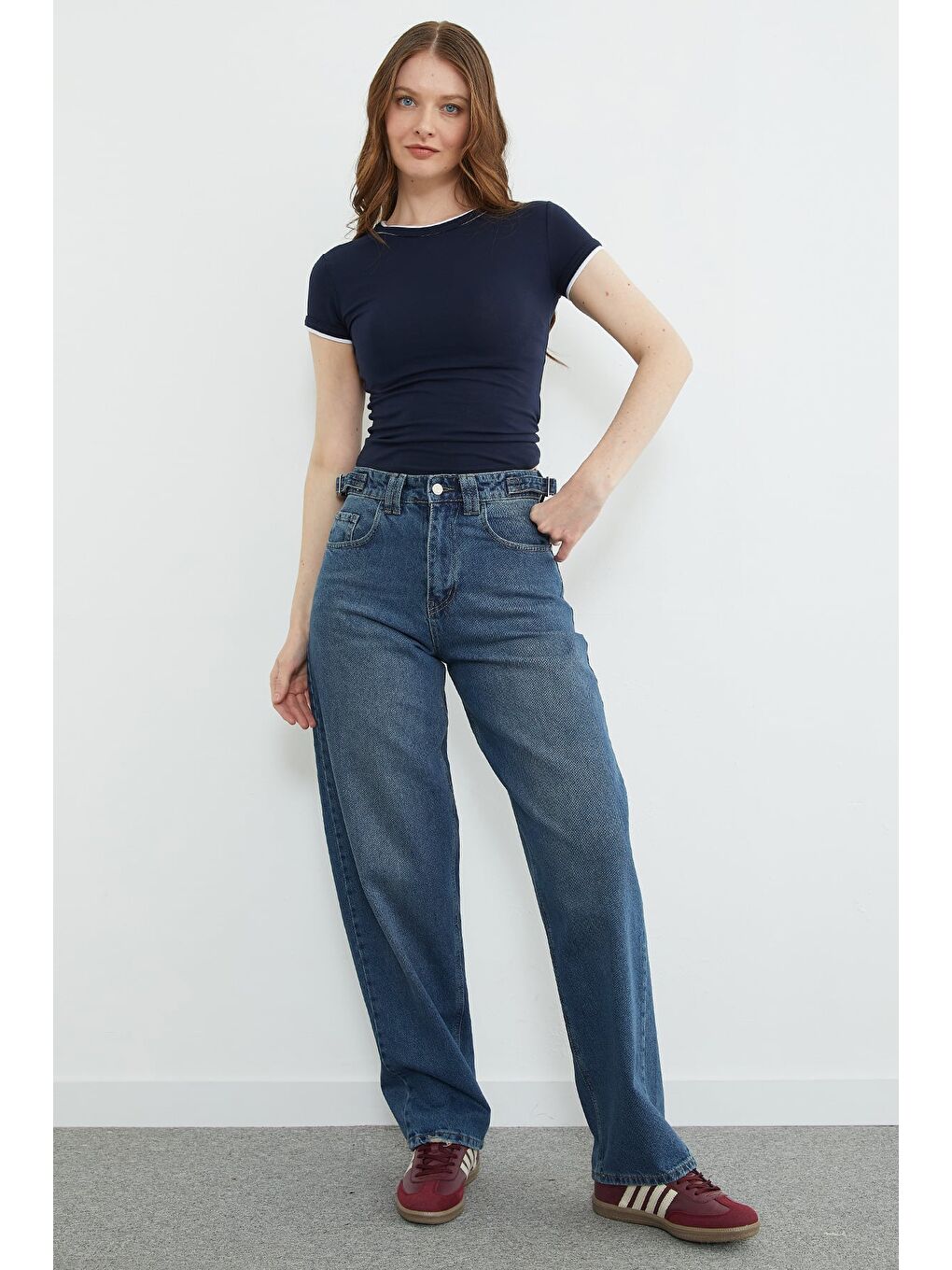 Lacivert Basic Bisiklet Yaka Biyeli Crop Tişört-3