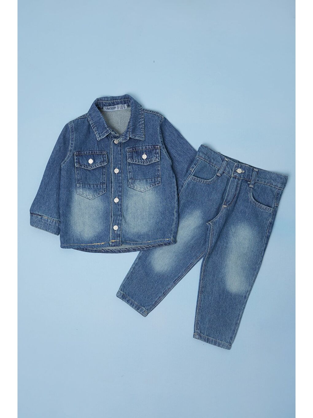 Mavi Düğmeli Polo Yaka Erkek Çocuk Jean 3 Lü Takım-2