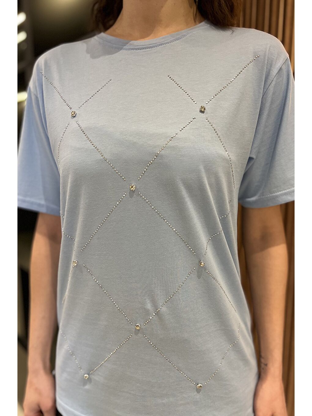 Mavi Taşlı Kadın Tişört-3