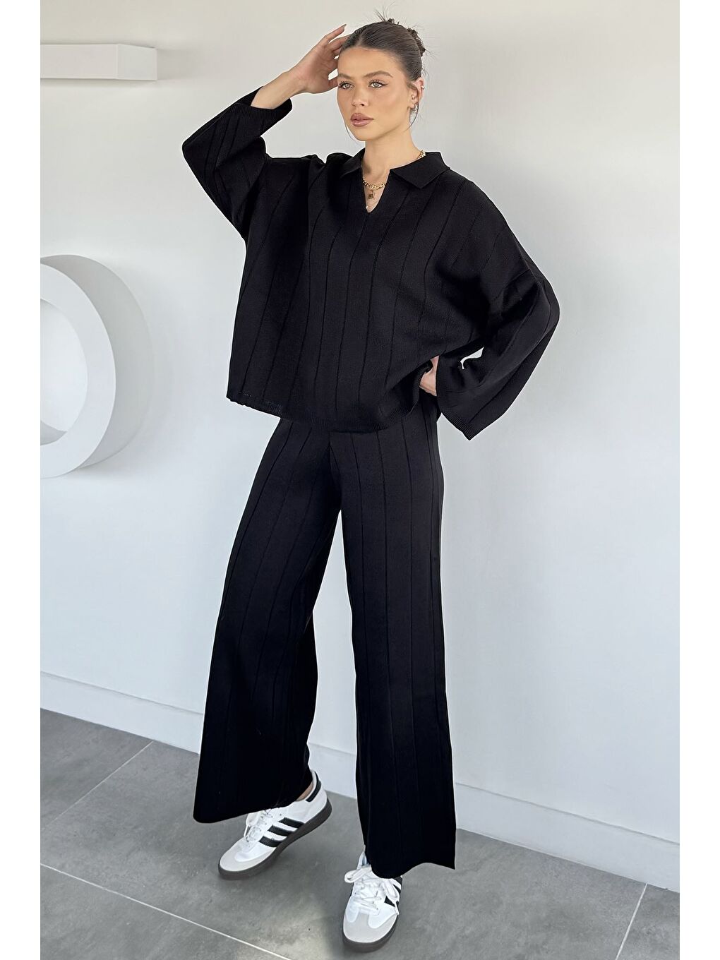 Siyah Polo Yaka Bluz Pantolon Triko İkili Takım-1