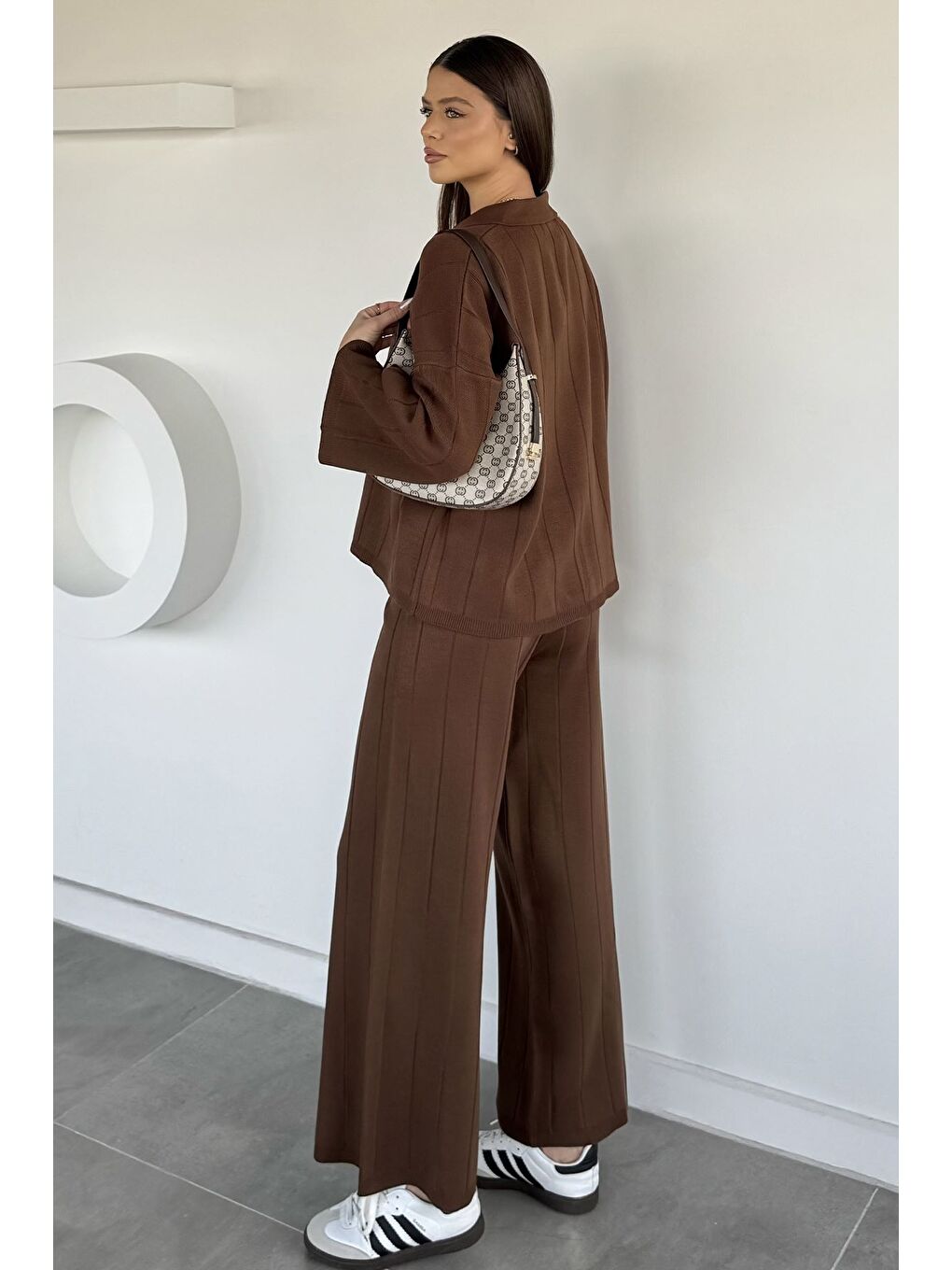 Kahverengi Polo Yaka Bluz Pantolon Triko İkili Takım-3