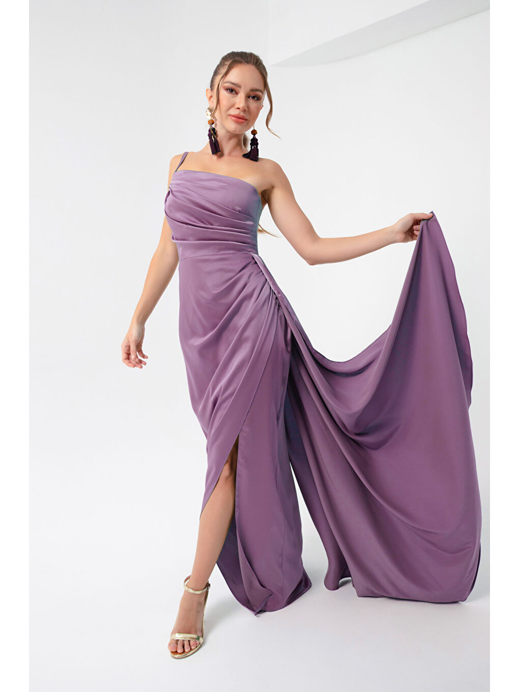 Lila Kadın Lavanta Tek Omuzlu Saten Abiye & Mezuniyet Elbisesi-2