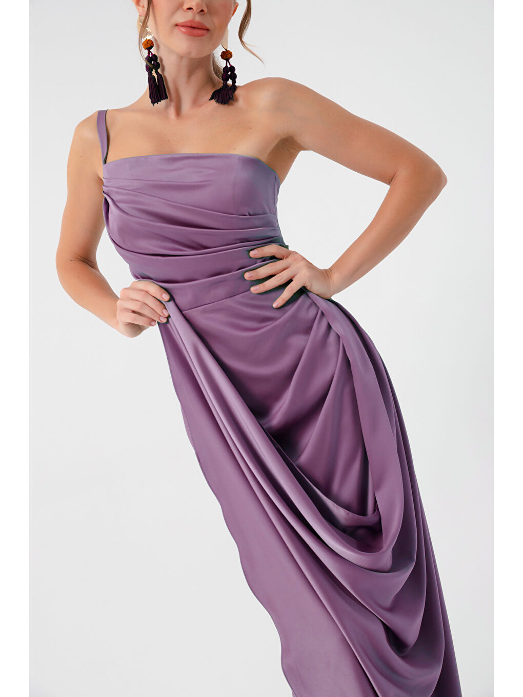 Lila Kadın Lavanta Tek Omuzlu Saten Abiye & Mezuniyet Elbisesi-3