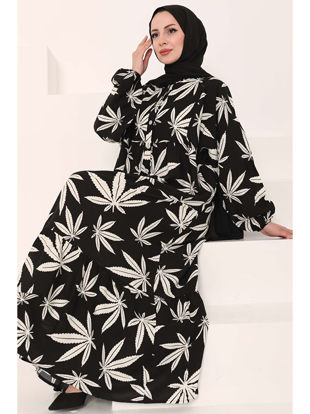 Desenli Düğmeli Elbise Siyah - 27038-1