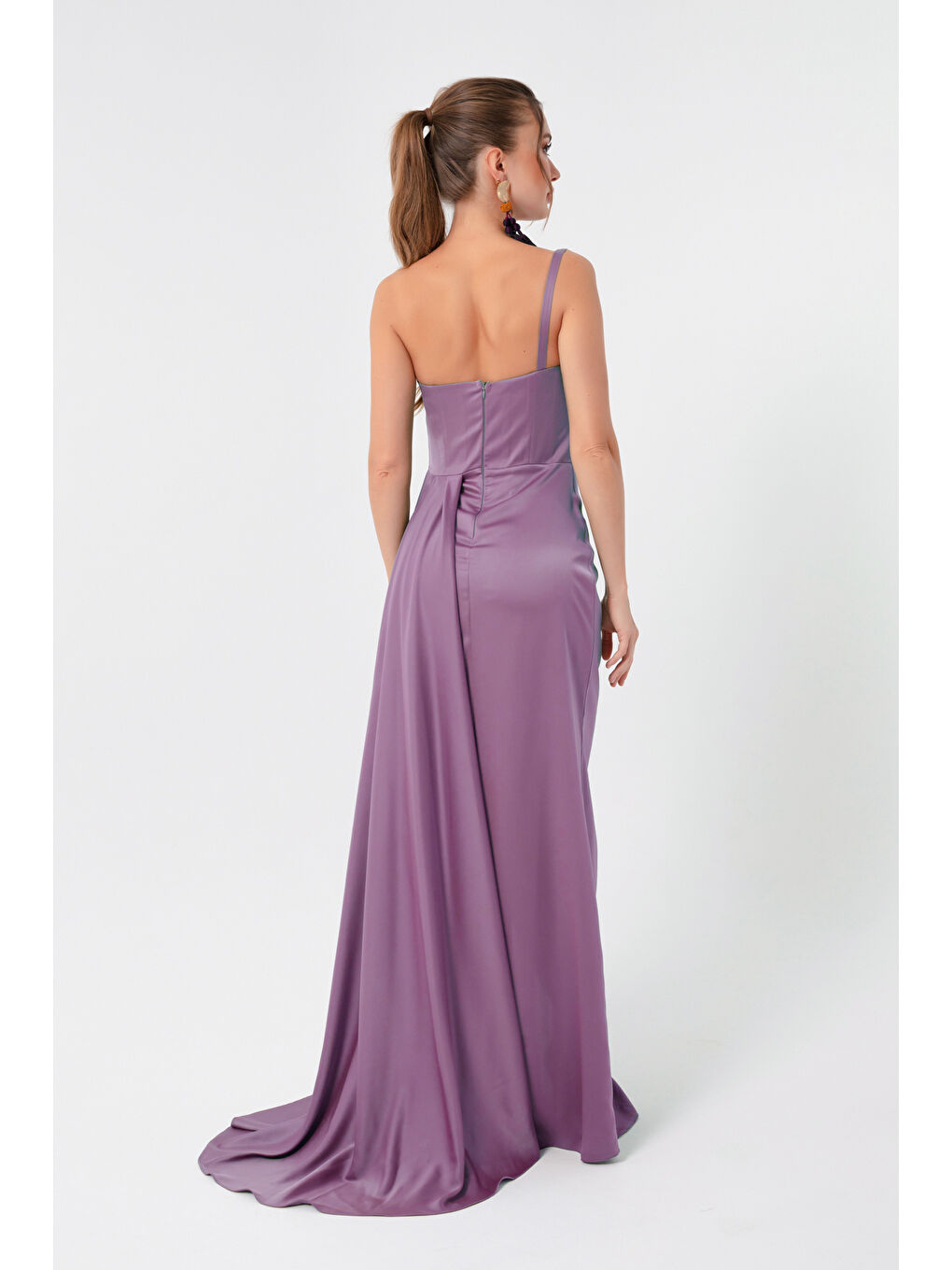 Lila Kadın Lavanta Tek Omuzlu Saten Abiye & Mezuniyet Elbisesi-4