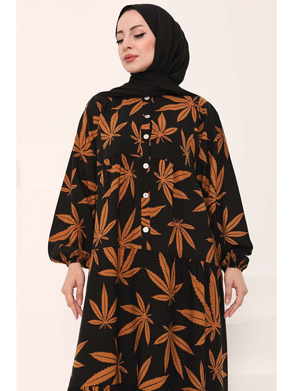 Desenli Düğmeli Elbise Siyah - 27038-2