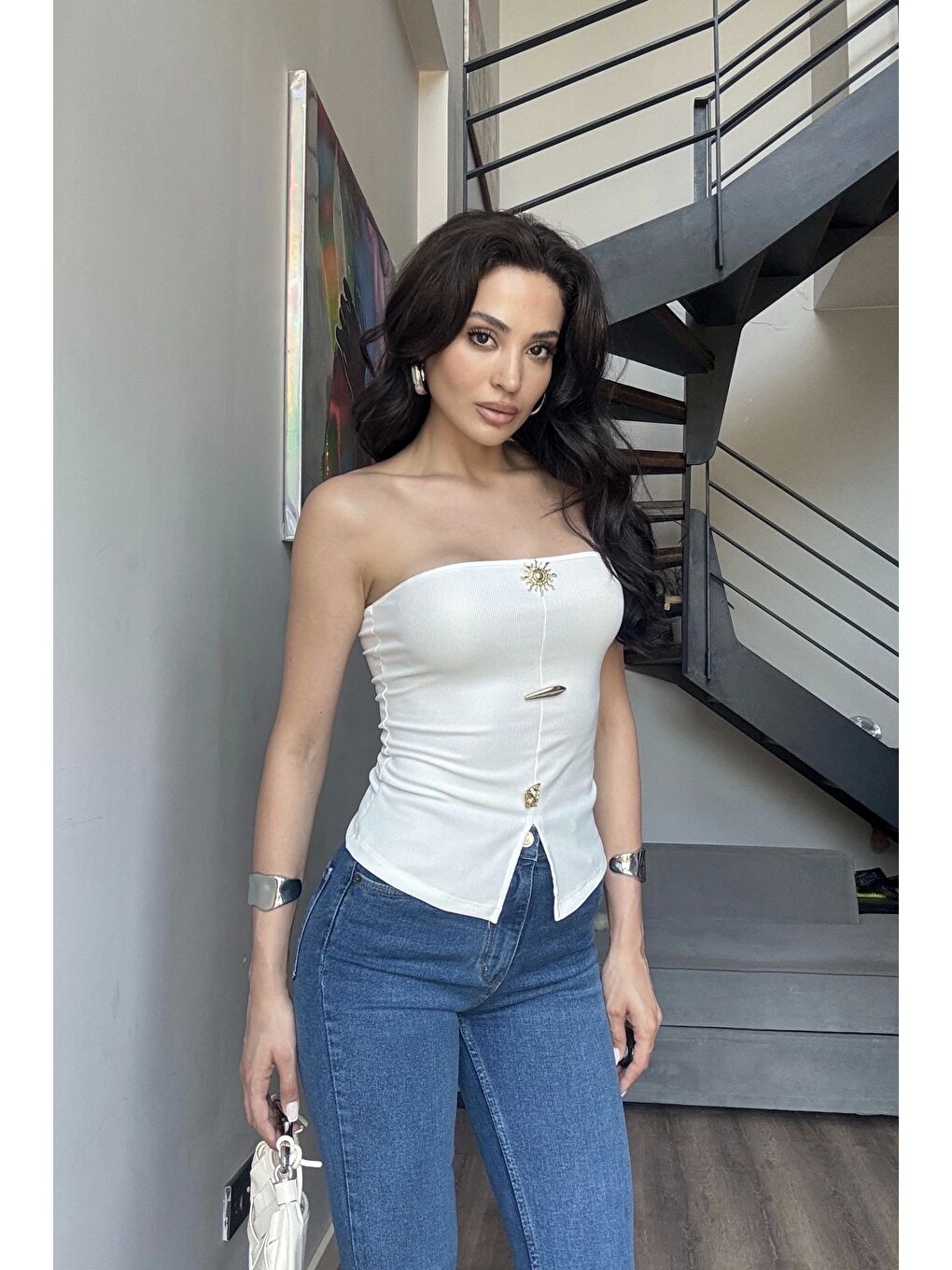 Kadın Beyaz Aksesuarlı Crop 13684-1