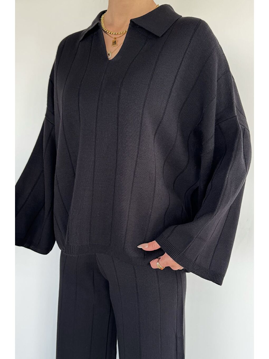 Siyah Polo Yaka Bluz Pantolon Triko İkili Takım-2