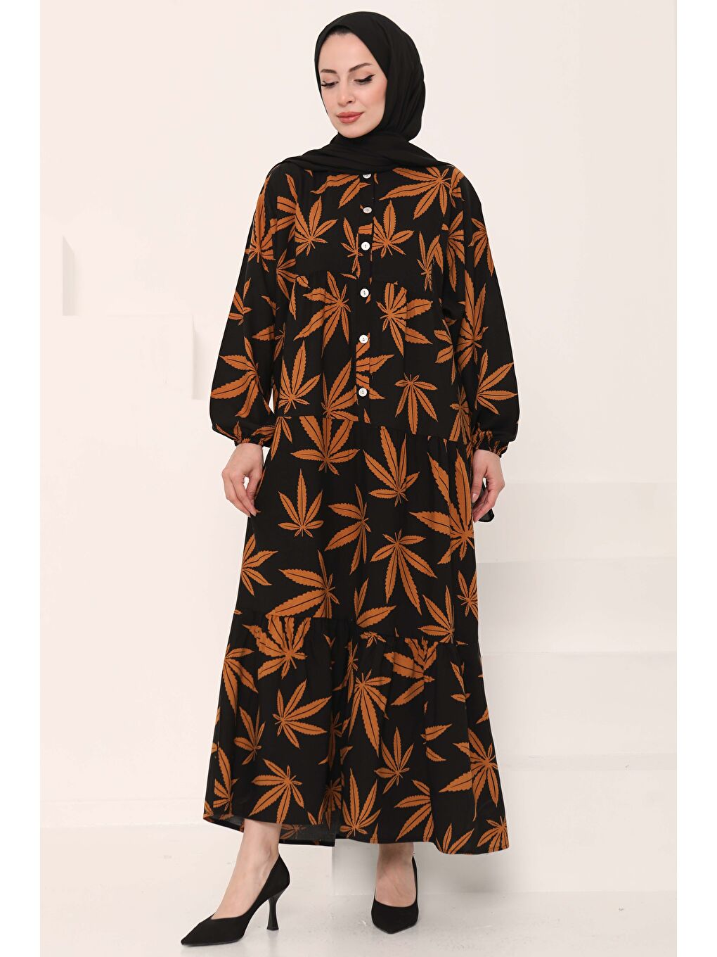 Desenli Düğmeli Elbise Siyah - 27038-4