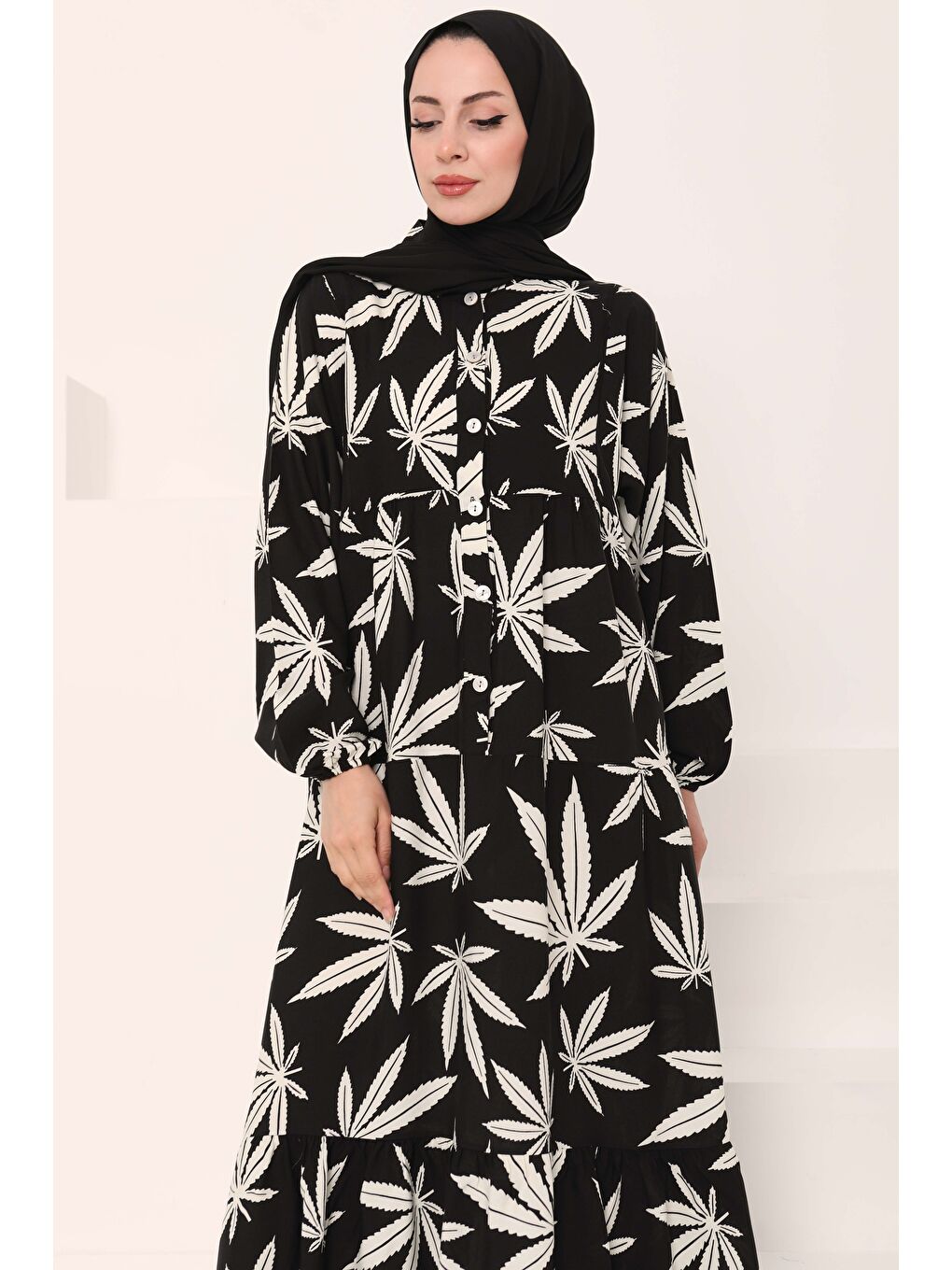 Desenli Düğmeli Elbise Siyah - 27038-5