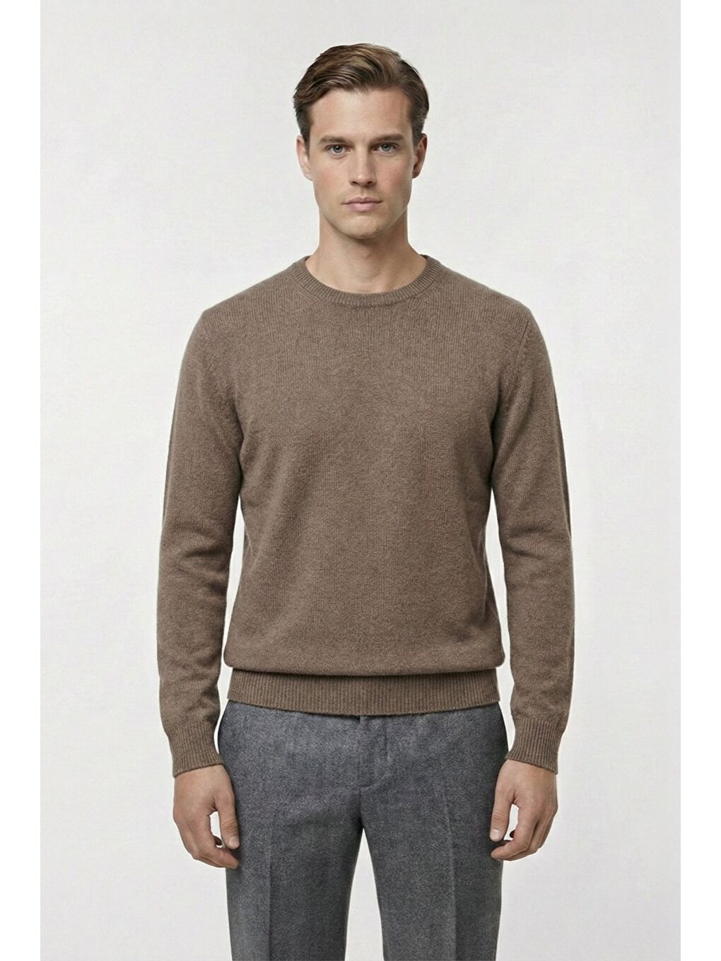 Bej Vizon Standart Fit Yün Karışımlı Bisiklet Yaka Düz Erkek Triko Kazak