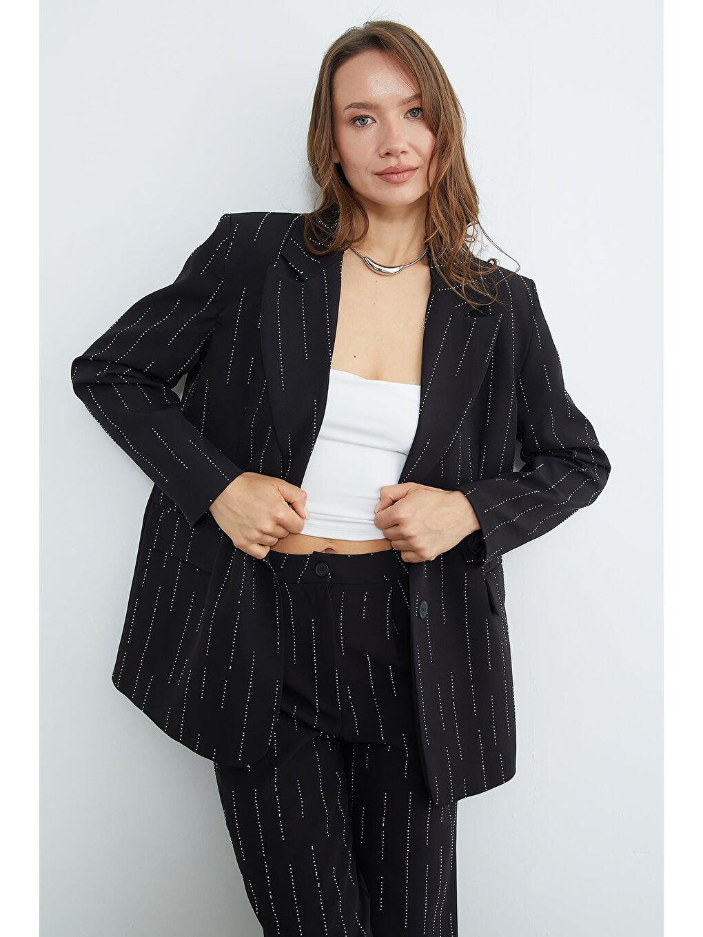 Siyah Fullamodest Taşlı Omuz Vatkalı Cepli 2 Li Takım