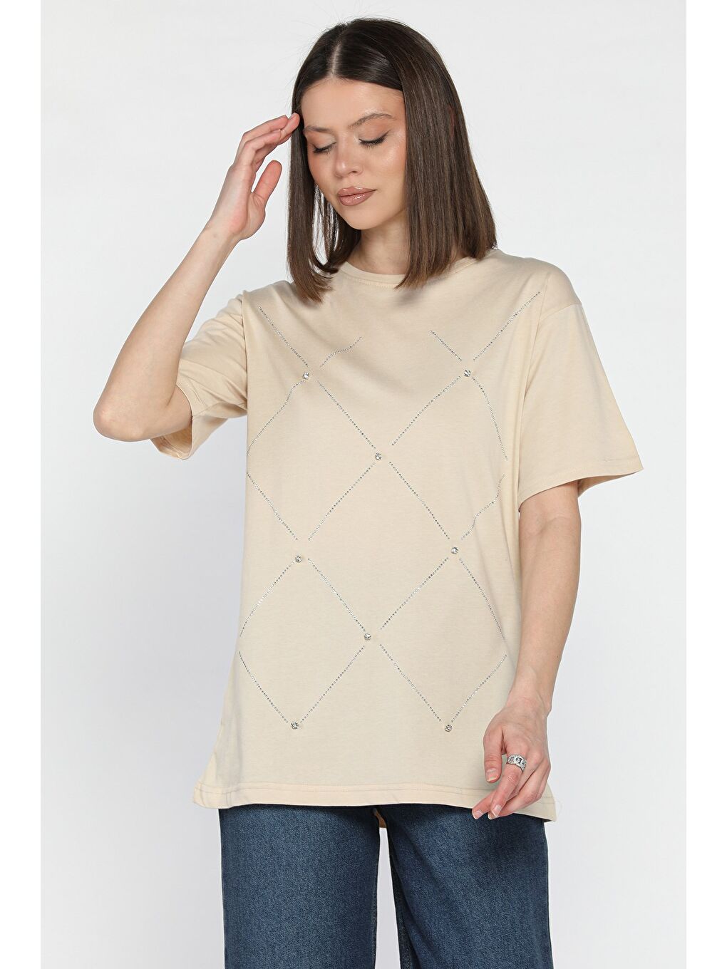 Bej Taşlı Kadın Tişört-1