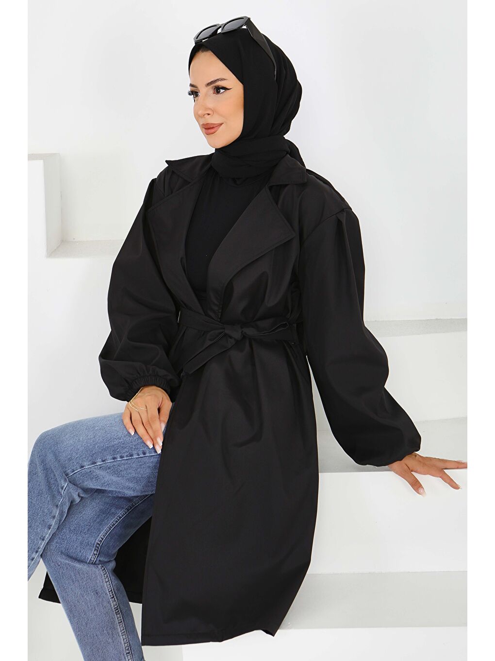 Kuşaklı Kolu Lastikli Miranda Trençkot Siyah - 27603-2