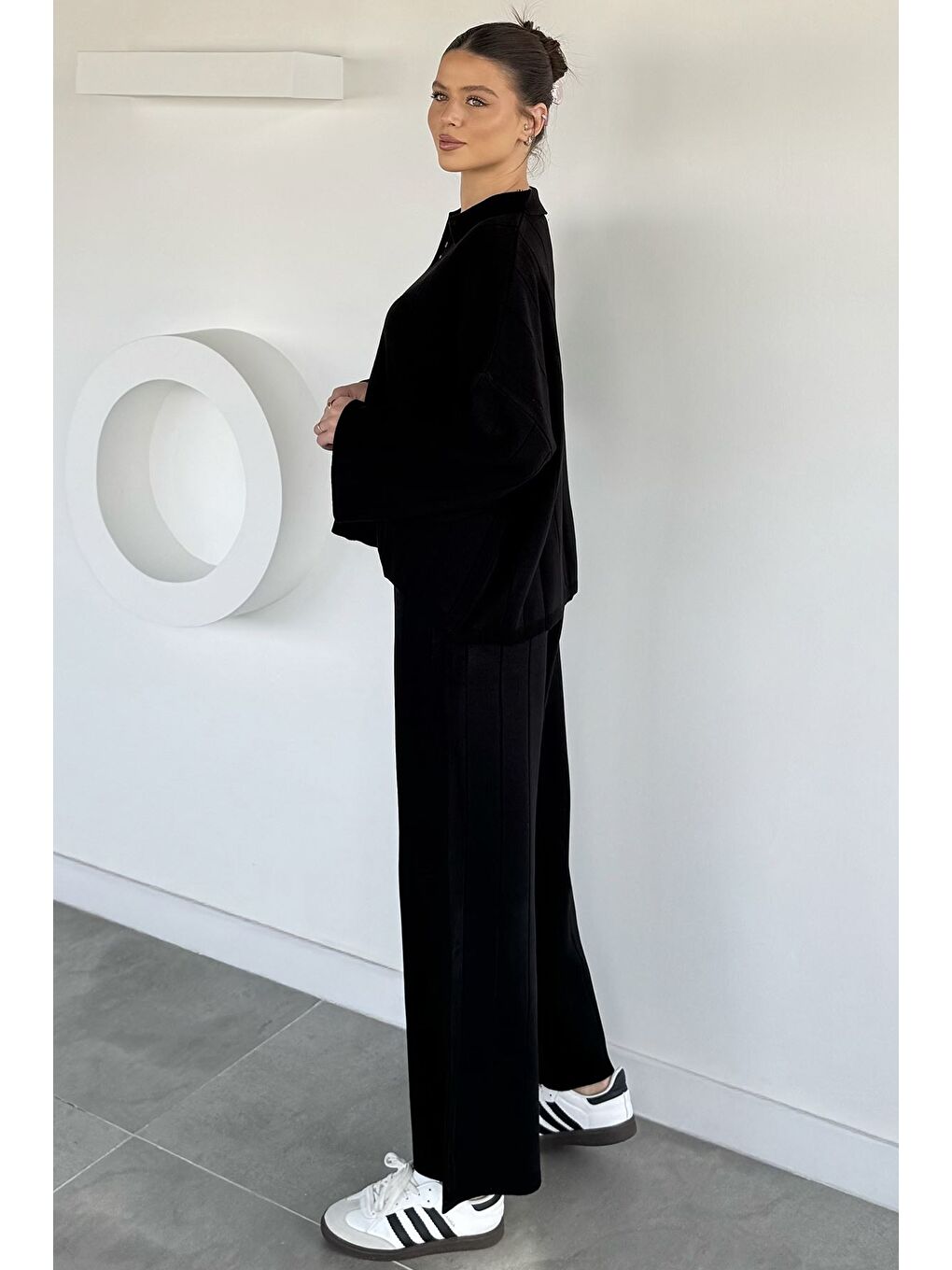 Siyah Polo Yaka Bluz Pantolon Triko İkili Takım-3