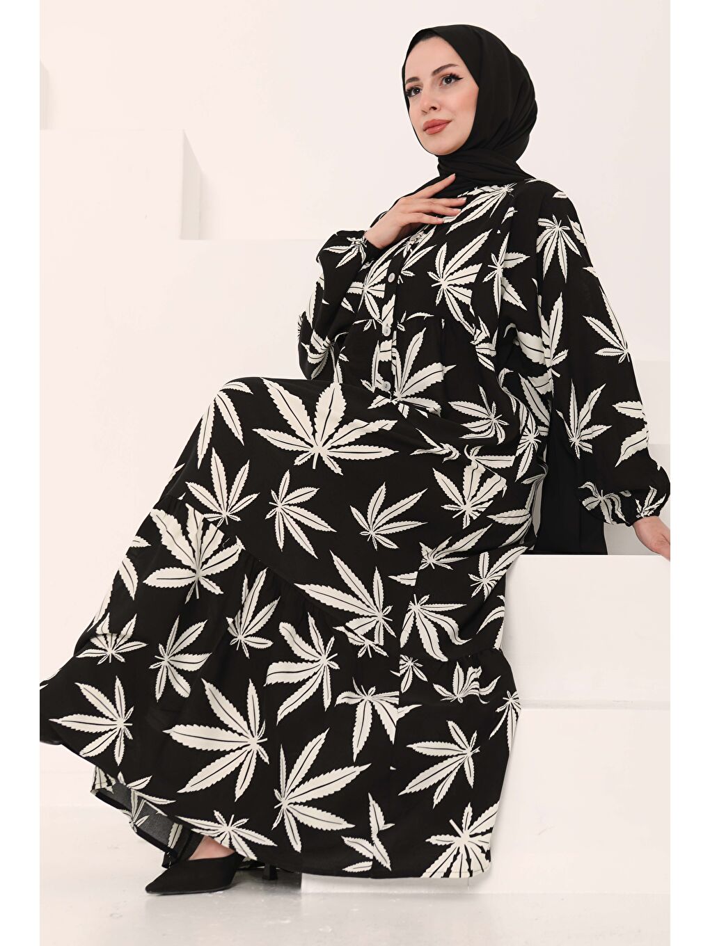 Desenli Düğmeli Elbise Siyah - 27038-7