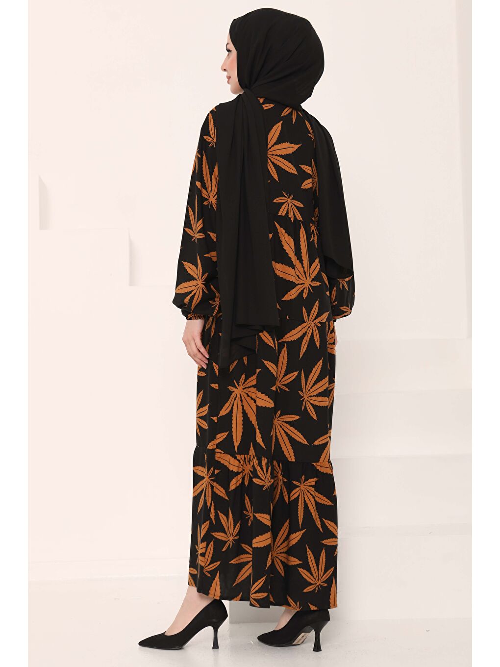 Desenli Düğmeli Elbise Siyah - 27038-8